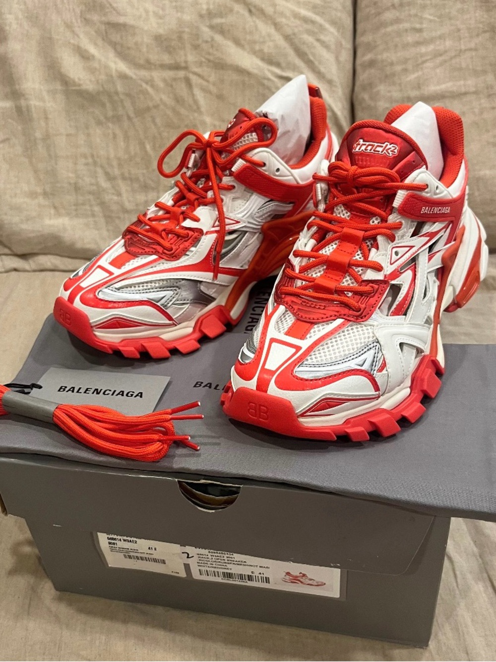 $1200 Balenciaga Track.2 Runners Sneaker, White Red Grey